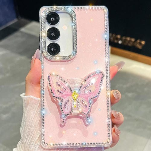 Funda con soporte para Samsung Galaxy S24 5G, diseño de mariposa y diamantes (rosa claro)