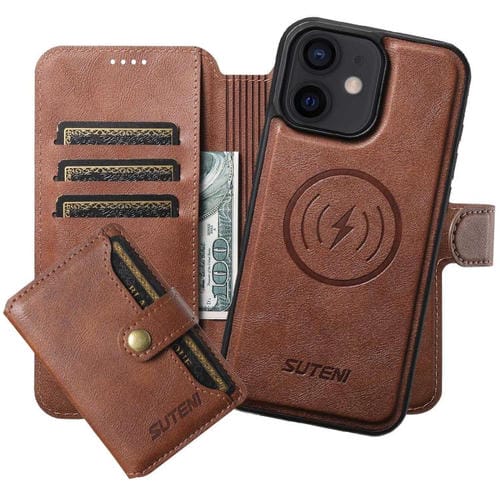 Funda de cuero Suteni Q05S1 3 en 1 con función de billetera desmontable y MagSafe para iPhone 12 (marrón)