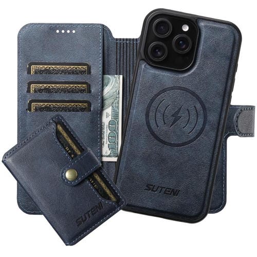 Funda de cuero Suteni Q05S1 3 en 1 con función de billetera desmontable y MagSafe para iPhone 12 Pro (azul)
