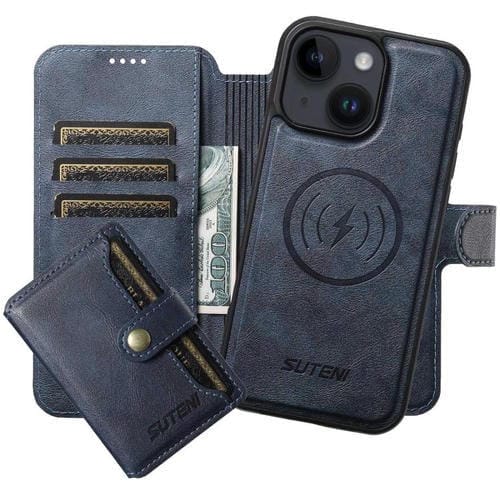 Funda de cuero Suteni Q05S1 3 en 1 con función de billetera desmontable y MagSafe para iPhone 14 Plus (azul)