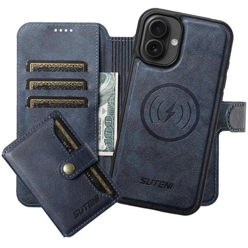 Funda de cuero Suteni Q05S1 3 en 1 con función de billetera desmontable y MagSafe para iPhone 16 (azul)