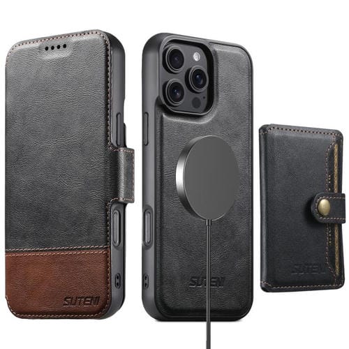Funda de cuero Suteni Q06S1 3 en 1 con cierre magnético y desmontable para iPhone 16 Pro Max (negro)
