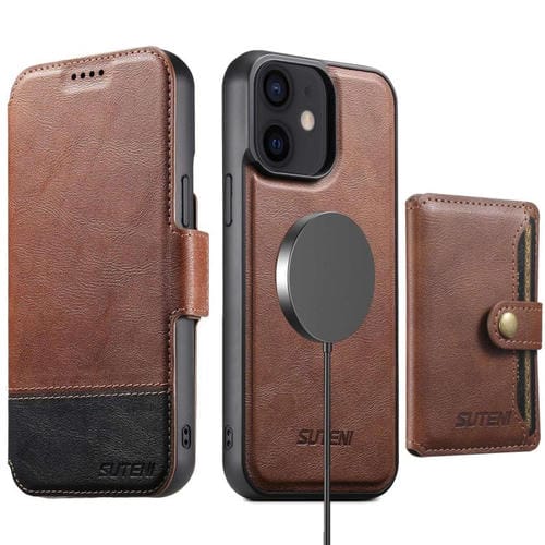 Funda de cuero Suteni Q06S1 3 en 1 con función de billetera desmontable y MagSafe para iPhone 12 (marrón)