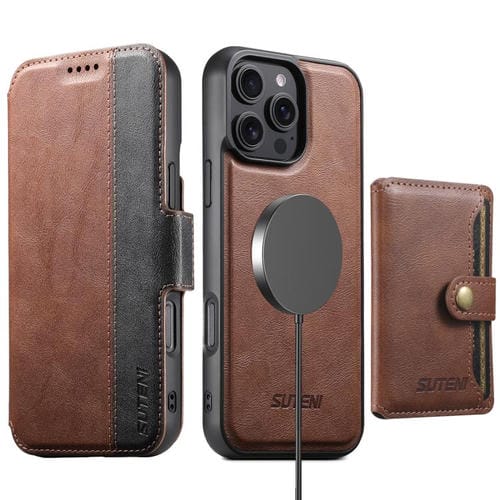 Funda de cuero Suteni Q07S1 3 en 1 con cierre magnético y billetera desmontable para iPhone 16 Pro Max (marrón)