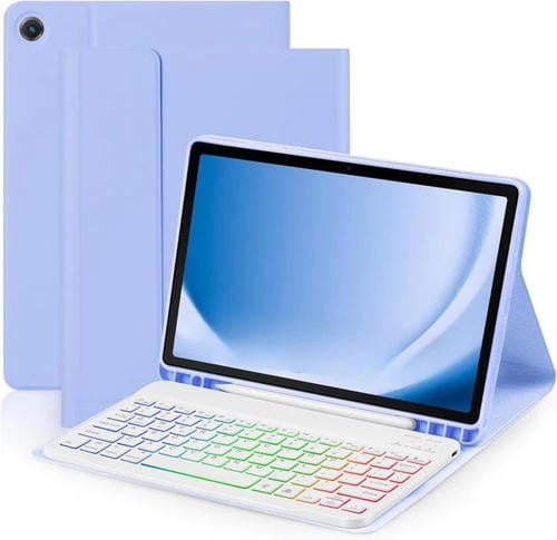 Funda protectora de cuero con teclado Bluetooth retroiluminado de colores para iPad 10.2 (2021/2022) (morado claro)