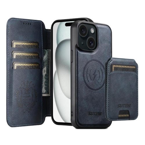 Funda de cuero Suteni Q05S2 3 en 1 con tapa vertical desmontable y función de cierre magnético para iPhone 15 (azul)