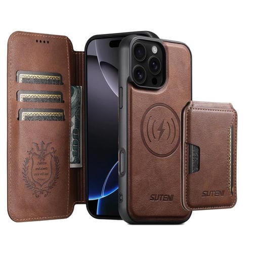 Funda de cuero Suteni Q05S3 3 en 1 con tapa vertical desmontable y función MagSafe para iPhone 16 Pro Max (marrón)