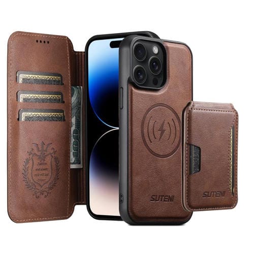 Funda de cuero Suteni Q05S3 3 en 1 con tapa vertical desmontable y función MagSafe para iPhone 14 Pro (marrón)