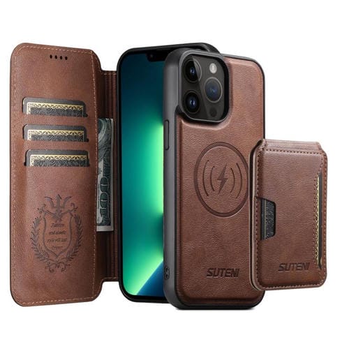 Funda de cuero Suteni Q05S3 3 en 1 con tapa vertical desmontable y función MagSafe para iPhone 13 Pro Max (marrón)