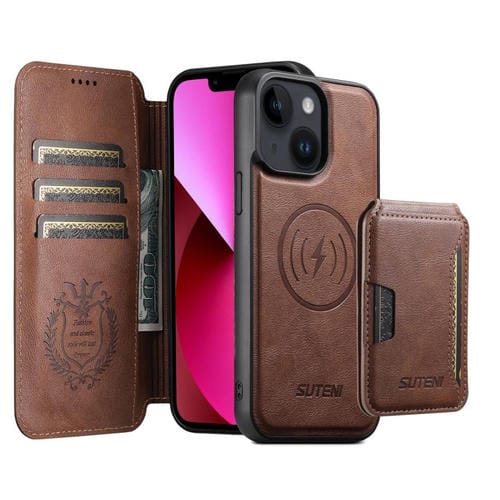 Funda de cuero Suteni Q05S3 3 en 1 con tapa vertical desmontable y función MagSafe para iPhone 13 (marrón)