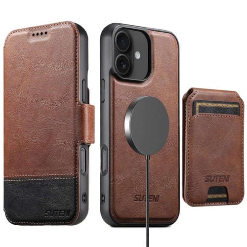 Funda de cuero Suteni Q06S2 3 en 1 con tapa vertical desmontable y cierre MagSafe para iPhone 16 Plus (marrón)