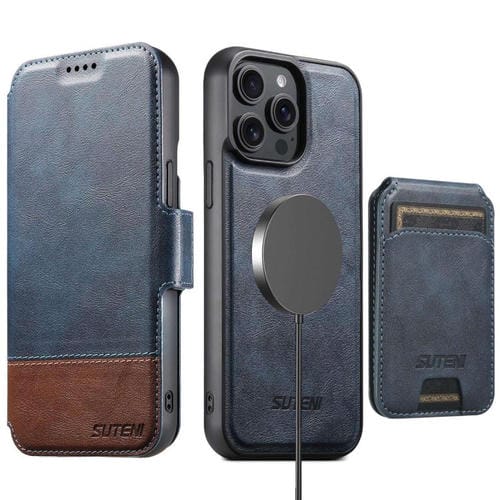 Funda de cuero Suteni Q06S2 3 en 1 con tapa vertical desmontable y cierre MagSafe para iPhone 15 Pro Max (azul)
