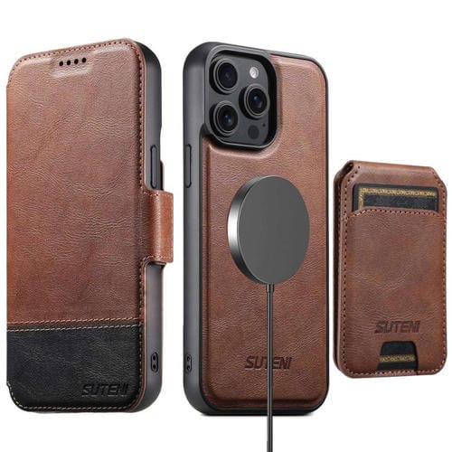 Funda de cuero Suteni Q06S2 3 en 1 con tapa vertical desmontable y cierre MagSafe para iPhone 13 Pro (marrón)