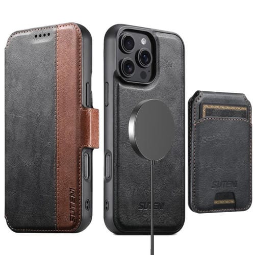 Funda de cuero Suteni Q07S2 3 en 1 con tapa vertical desmontable y cierre MagSafe para iPhone 16 Pro (negra)