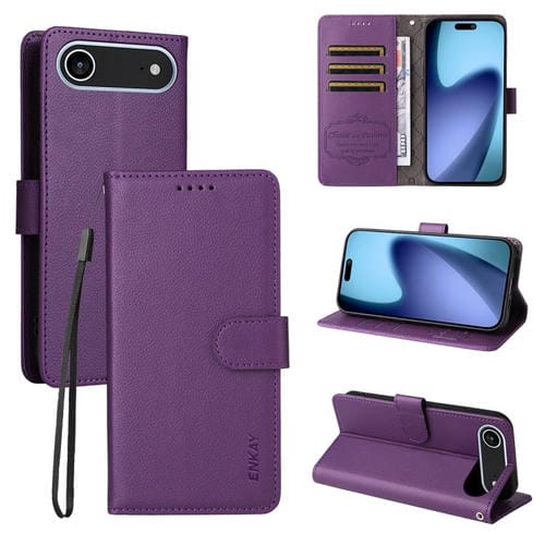 ENKAY - Funda de piel con textura de lichi y función atril para iPhone 17 Air (morado)