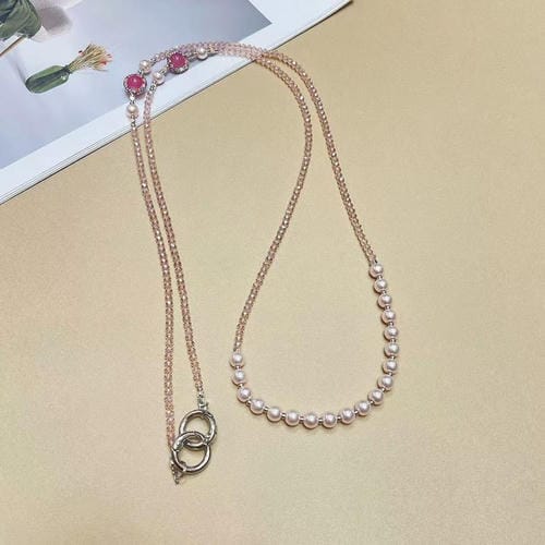 Cadena larga para teléfono móvil con perla de cristal (rosa perlado)