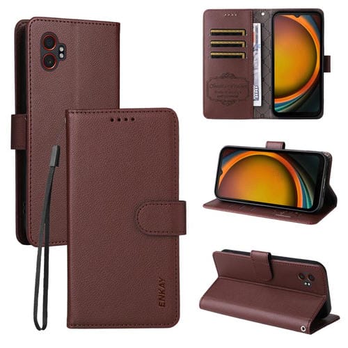 ENKAY - Funda de piel con textura de lichi y función atril para Samsung Galaxy Xcover7 Pro (marrón)