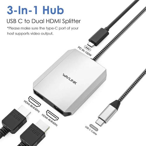 Adaptador USB-C a HDMI WAVLINK UMD320 con puerto alimentación 100 W HDMI 4K y HDMI 8K