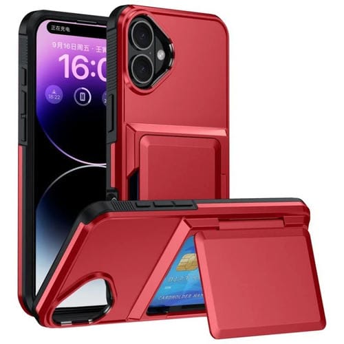 Funda a prueba de golpes Kalebol Flip Card Wallet para iPhone 16 Plus (Roja)