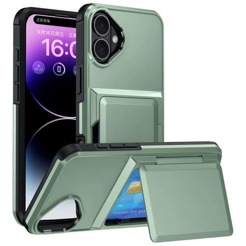 Funda a prueba de golpes Kalebol Flip Card Holder para iPhone 16 Plus (Verde militar)
