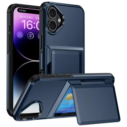 Funda abatible para iPhone 16 con tarjetero, a prueba de golpes, color azul