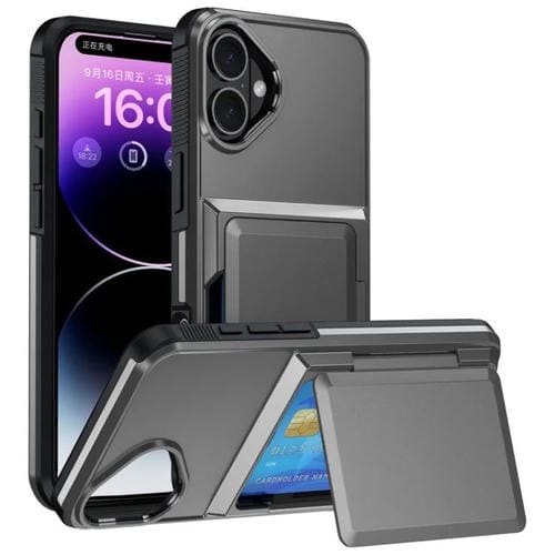 Funda abatible para iPhone 16 con tarjetero Kalebol, a prueba de golpes (gris)