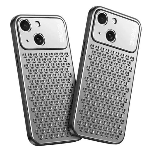Funda hueca transpirable y refrescante de metal Kalebol para iPhone 14 (plateada)