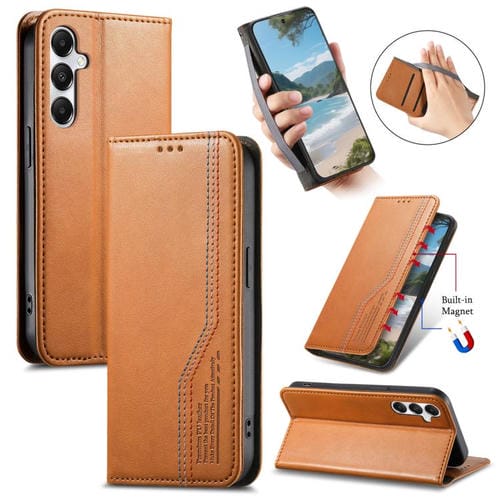 Funda de cuero con correa elástica y ventosa magnética para Samsung Galaxy M15 5G (marrón)
