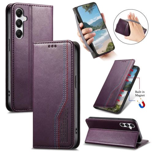 Funda de cuero con correa elástica y ventosa magnética para Samsung Galaxy A25 5G (morado)