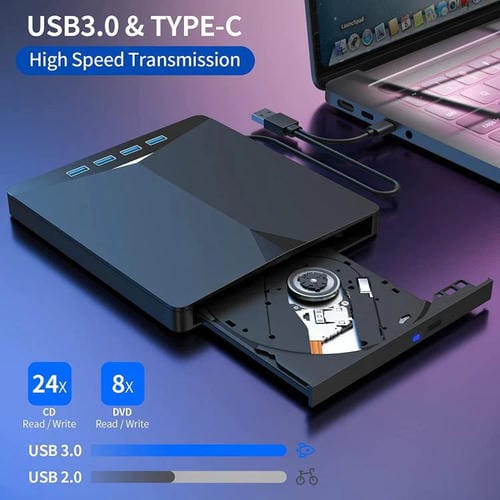 Unidad Óptica Externa Extraíble USB 3.0/Tipo C Grabadora de DVD/CD Multiinterfaz (Negra)
