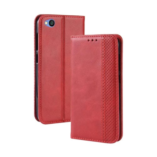 Estuche de Cuero con Tapa Horizontal con Textura Retro y Hebilla Magnética para Xiaomi Redmi Go, con Soporte, Ranuras para Tarjetas y Billetera (Rojo)