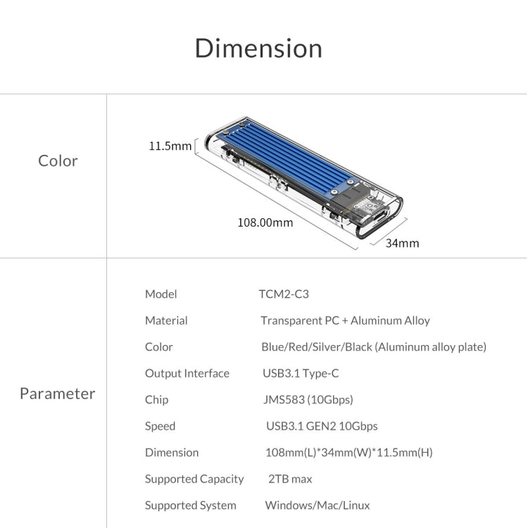 Boîtier SSD ORICO TCM2-C3 NVMe M.2 (10 Gbit / s) (Noir)