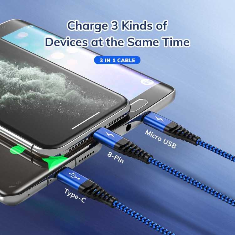 TOPK AN24 QC3.0 USB vers 8 broches + USB-C / Type-C + Micro USB 3 en 1 Swing Câble de données de charge rapide (Bleu)