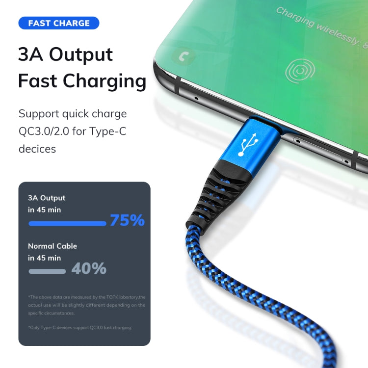 TOPK AN24 QC3.0 USB to 8 Pin + USB-C / Type-C + Micro USB 3 in 1 Swing Fast Charging Data Cable (Blue)
