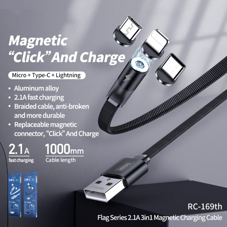 Remax RC-169TH Série MANDER 2.1A 3-en-1 8 broches + Type-C / USB-C + Câble de charge micro magnétique Longueur : 1M (Blanc)