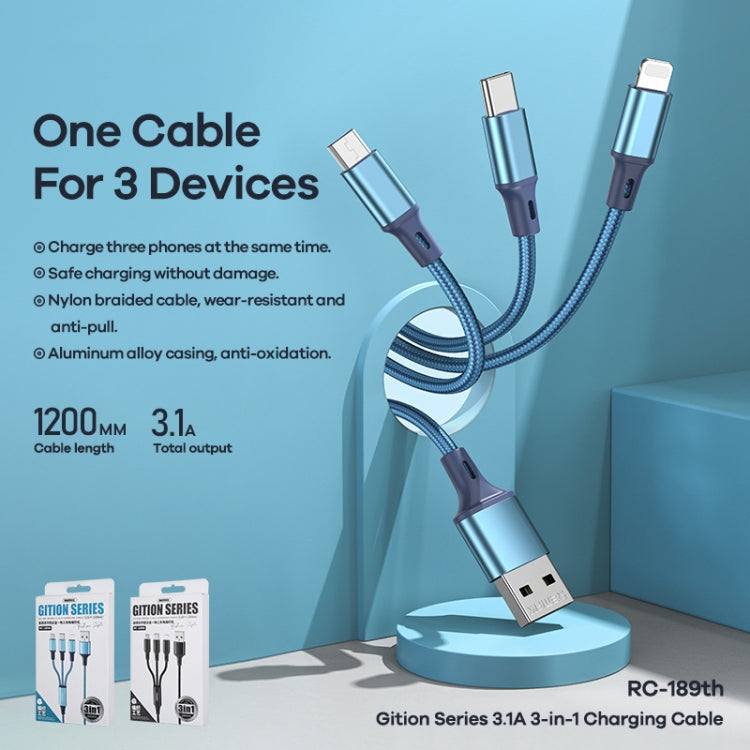 Remax RC-189TH Gition Series 3.1A 3 in 1 8 Pin + Type-C / USB-C + Micro USB Aluminum Alloy Charging Cable Length: 1.2m (Blue)