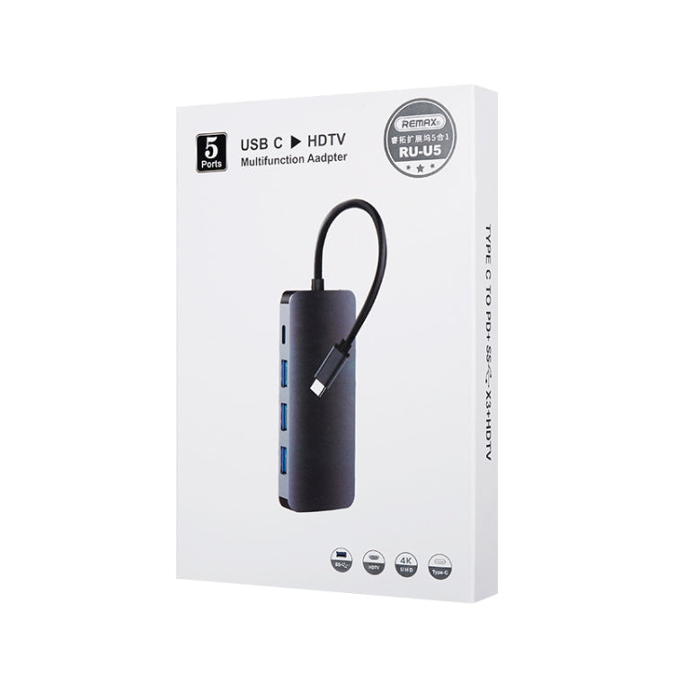 REMAX RU-U5 5 IN1 Station Hub Multifonction Type-C / USB-C (Gris Foncé)