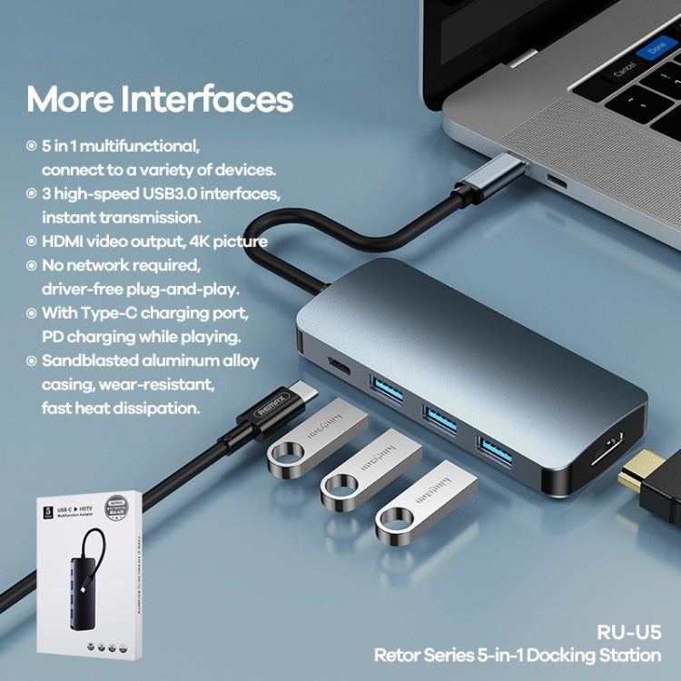 REMAX RU-U5 5 IN1 Station Hub Multifonction Type-C / USB-C (Gris Foncé)