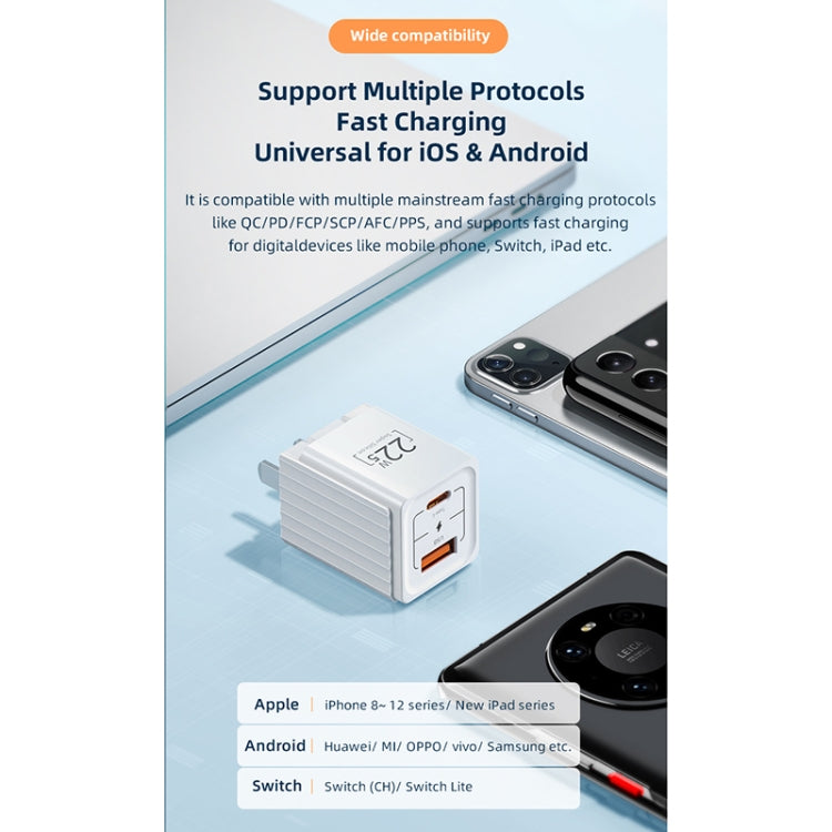 Rock T46 22.5W PD USB-C / TYPE-C + MFI USB Mini Dual Ports Dual Super Silicon Travel Charger with Foldable PIN US Plug (White)