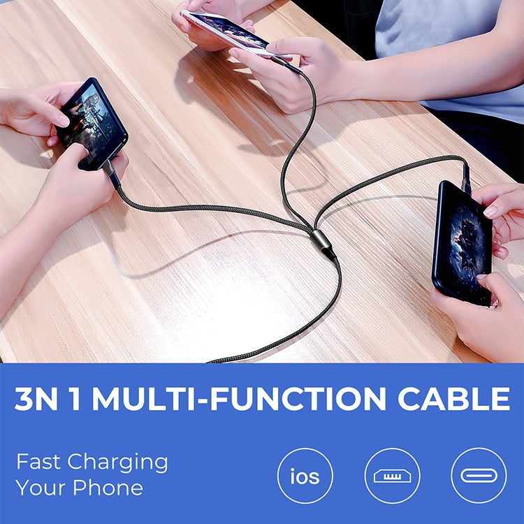 Joyroom S-1335K4 1.3m 3.5A 3 in 1 USB to 8 PIN + USB-C / Type-C + Micro USB Remarkable Serial Nylon Braid Charging Cable (Black)