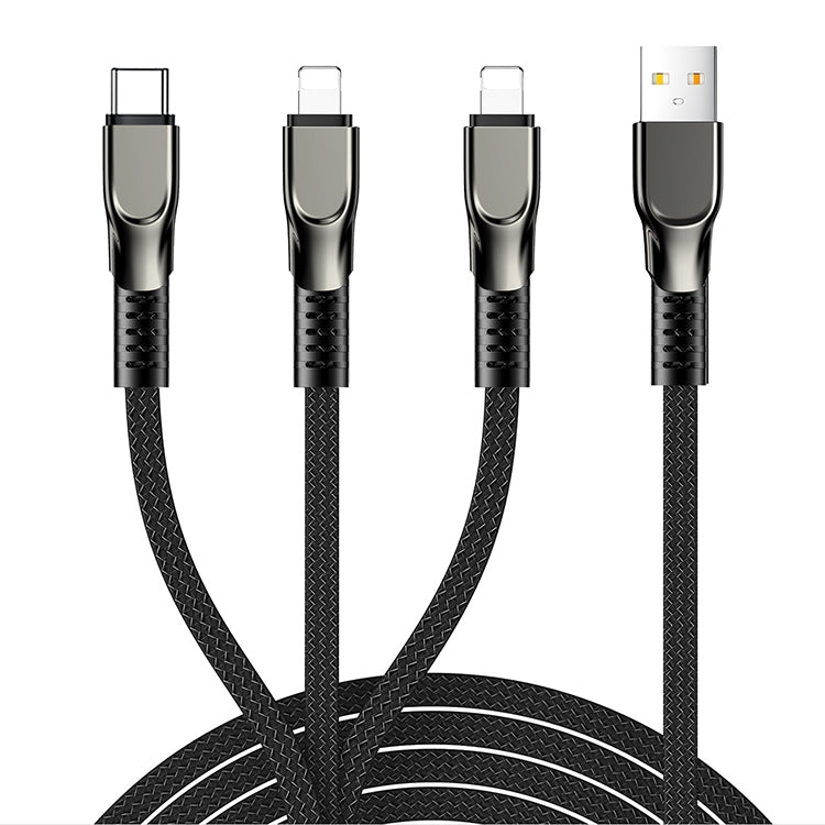 Joyroom S-1335K4 1.3m 3.5A 3 in 1 USB to 8 PIN + 8 PIN + USB-C / Type C / Type C SERIES NEYLON BRAIDA LETTER DATA CAP (Black)