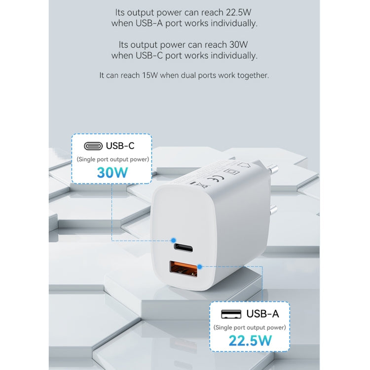 Rock T51 30W TYPE-C / USB-C + USB PD Dual BY Ports Fast Charging Travel Travel EU Plug (White)