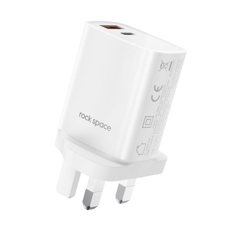 Rock T51 30W TYPE-C / USB-C + USB PD Dual Dual USB Chargeur Chargeur de voyage Adaptateur secteur Prise UK (Blanc)