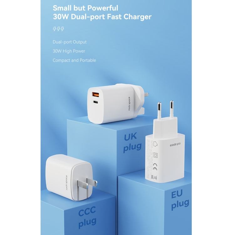 Rock T51 30W TYPE-C / USB-C + USB PD Dual Dual USB Charger Travel Charger POWER Adapter UK Plug (White)
