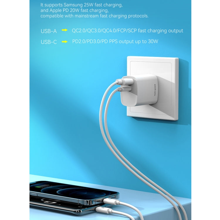Rock T51 30W TYPE-C / USB-C + USB PD Dual Dual USB Chargeur Chargeur de voyage Adaptateur secteur Prise UK (Blanc)