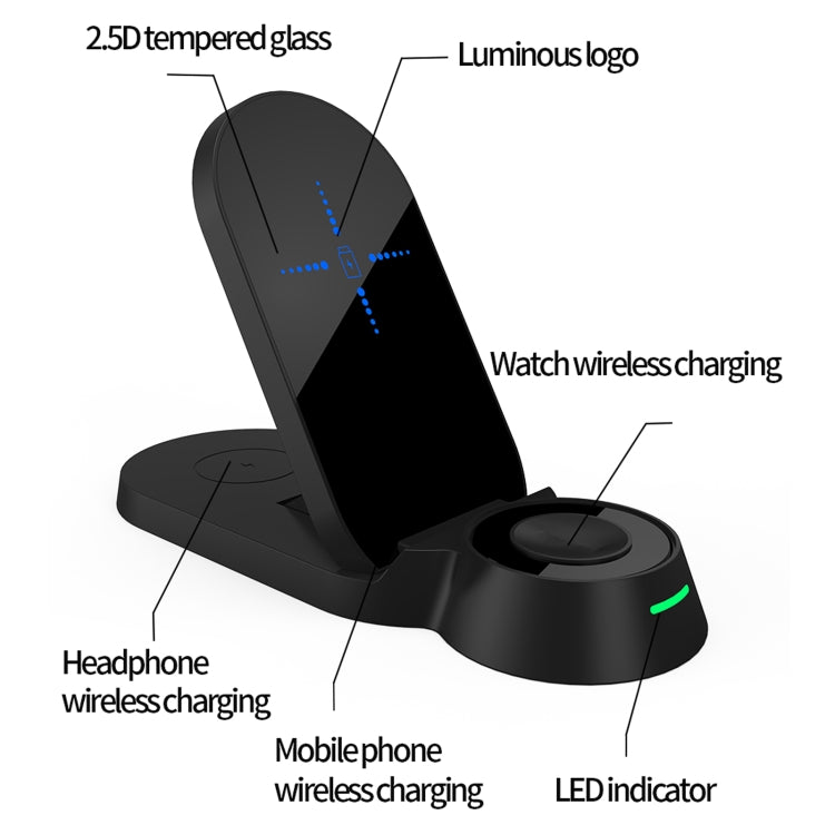 H22 3 en 1 Cargador Inalámbrico Inteligente plegable de Multifunción para Teléfonos Inteligentes y iWatches AirPods (Negro)