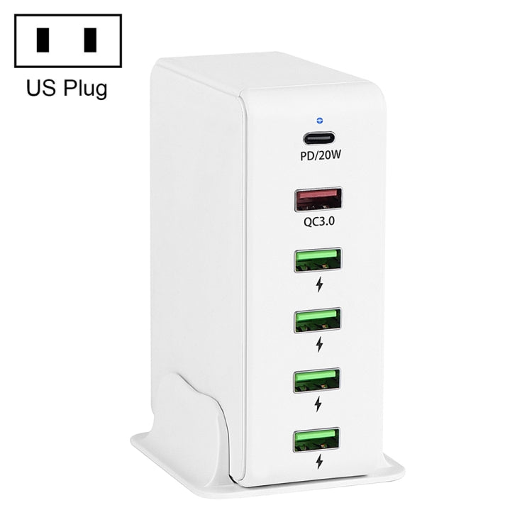 6 in 1 65W PD USB-C / TYPE-C + QC 3.0 USB + 4 USB Multi-Port Travel Charger US Plug (White)