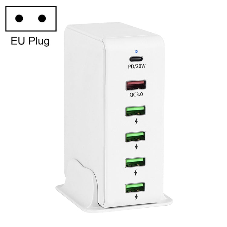 6 en 1 65W PD USB-C / TYPE-C + QC 3.0 USB + 4 USB Multi-Port Travel Charger EU Plug (Blanc)