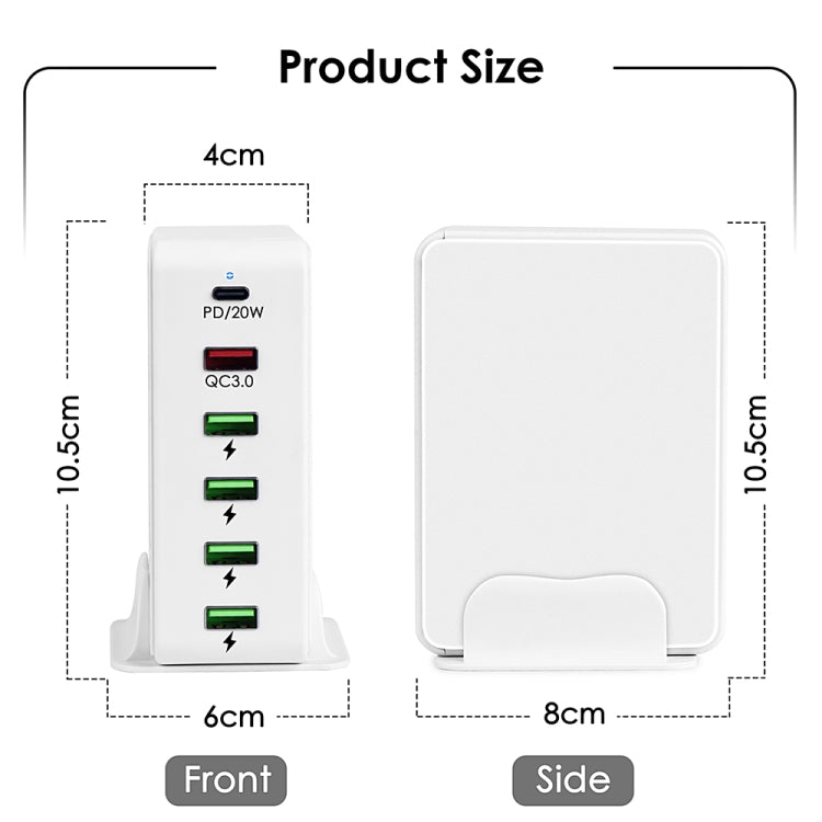 6 in 1 65W PD USB-C / Type-C + QC 3.0 USB + 4 USB Multi-Port Travel Charger UK Plug (White)