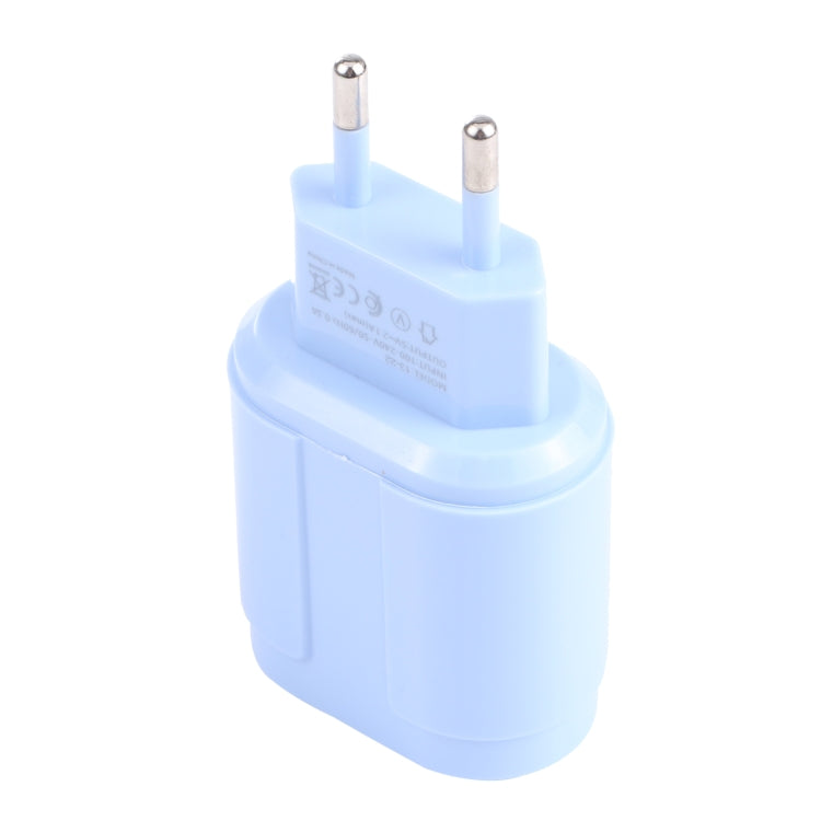 13-22 2.1A Cargador de Viaje de macarrones USB Dual Enchufe de la UE (Azul)